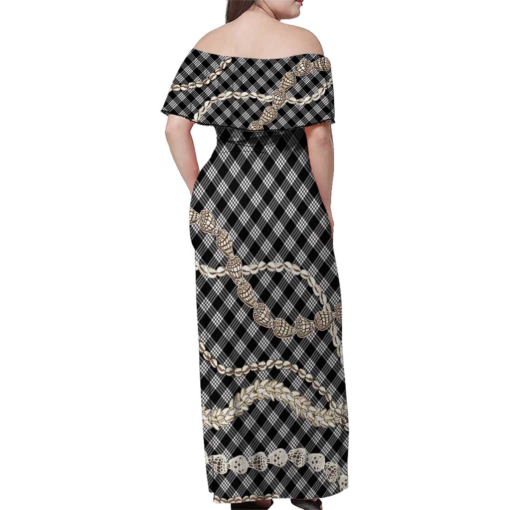 Black Aloha Hawaii Shell Lei Family Matching Off Shoulder Maxi Dress and Hawaiian Shirt Palaka Hebrew Cone Honey Cowrie Elegant Curves LT14 - Polynesian Pride