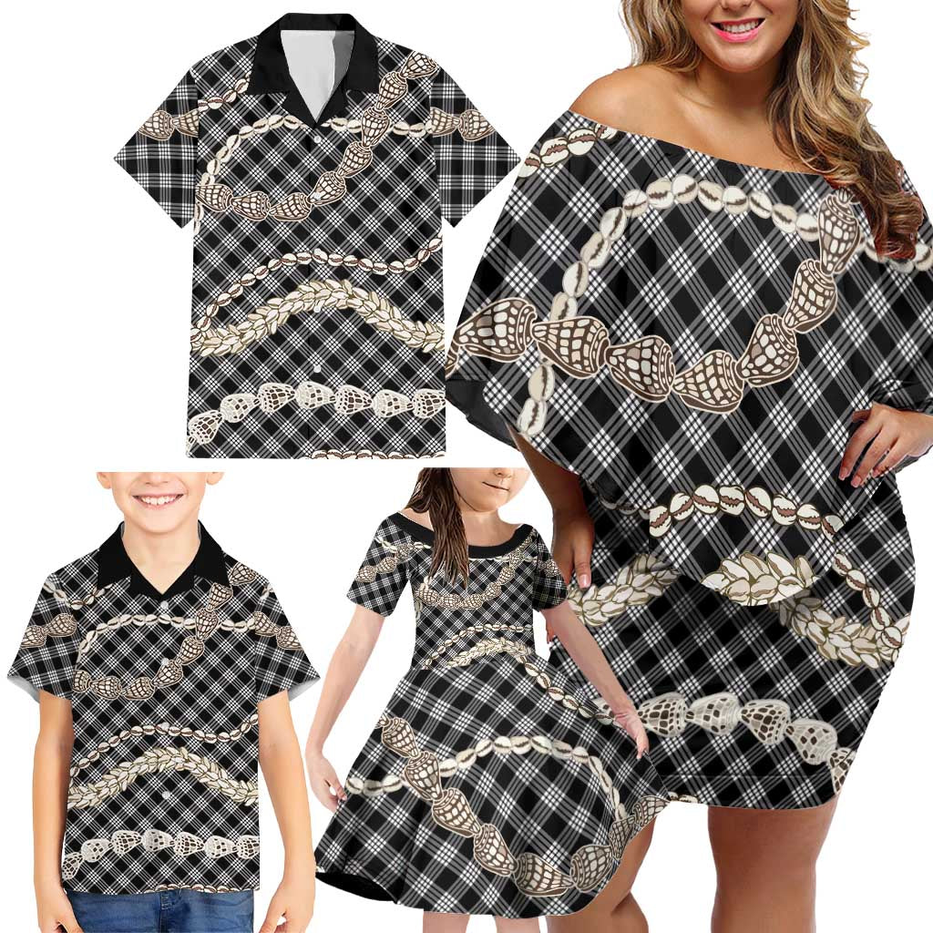 Black Aloha Hawaii Shell Lei Family Matching Off Shoulder Short Dress and Hawaiian Shirt Palaka Hebrew Cone Honey Cowrie Elegant Curves LT14 - Polynesian Pride