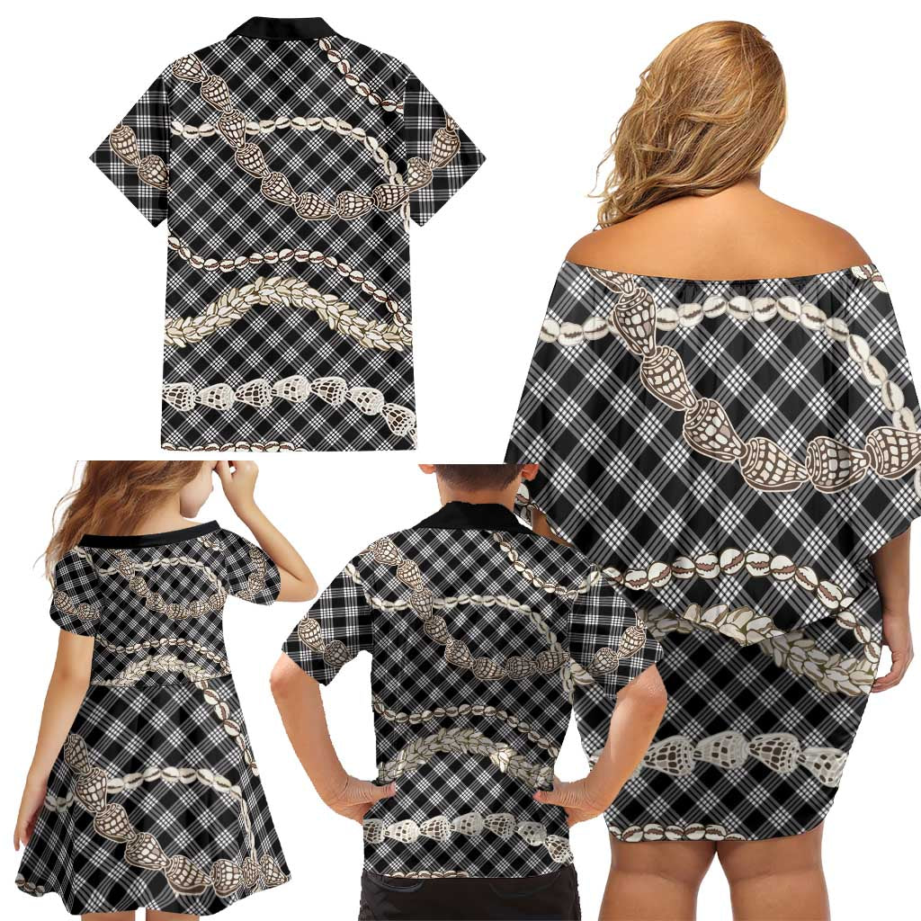 Black Aloha Hawaii Shell Lei Family Matching Off Shoulder Short Dress and Hawaiian Shirt Palaka Hebrew Cone Honey Cowrie Elegant Curves LT14 - Polynesian Pride