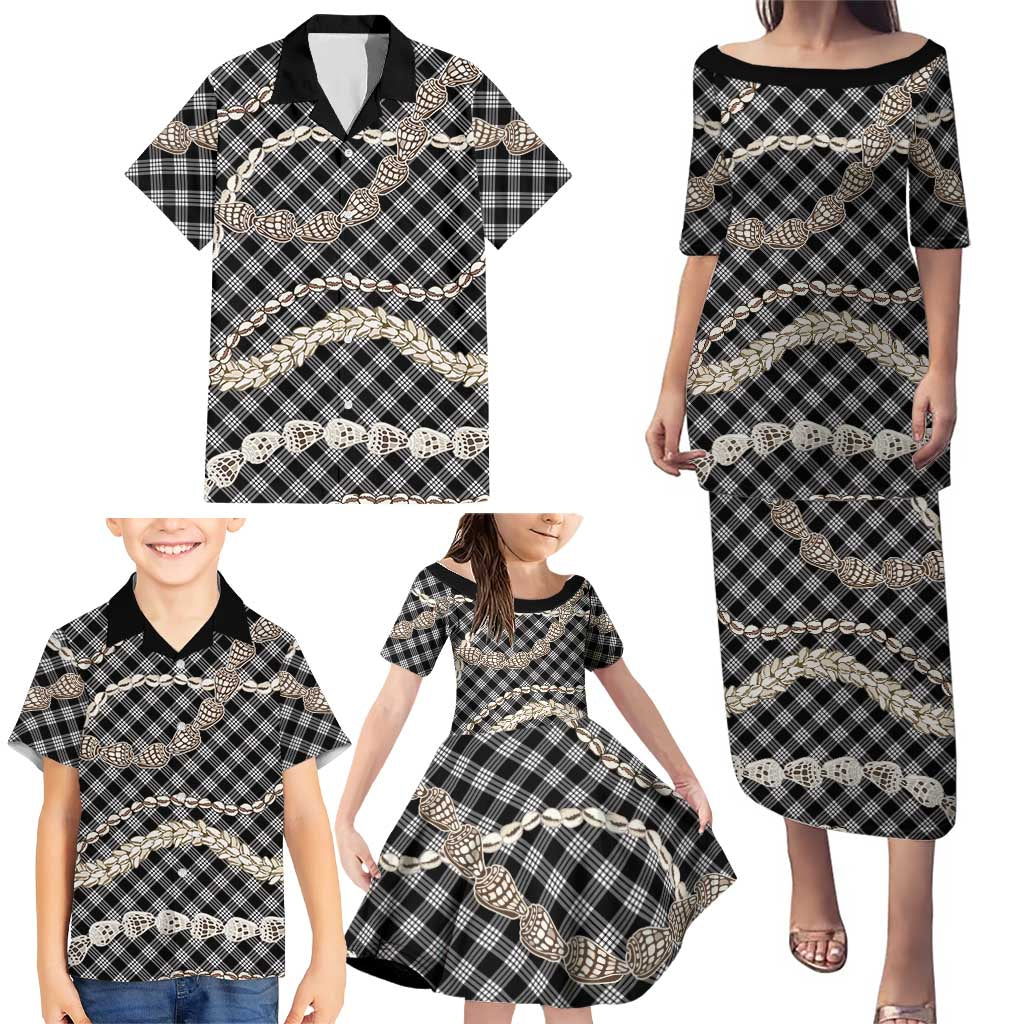Black Aloha Hawaii Shell Lei Family Matching Puletasi and Hawaiian Shirt Palaka Hebrew Cone Honey Cowrie Elegant Curves LT14 - Polynesian Pride