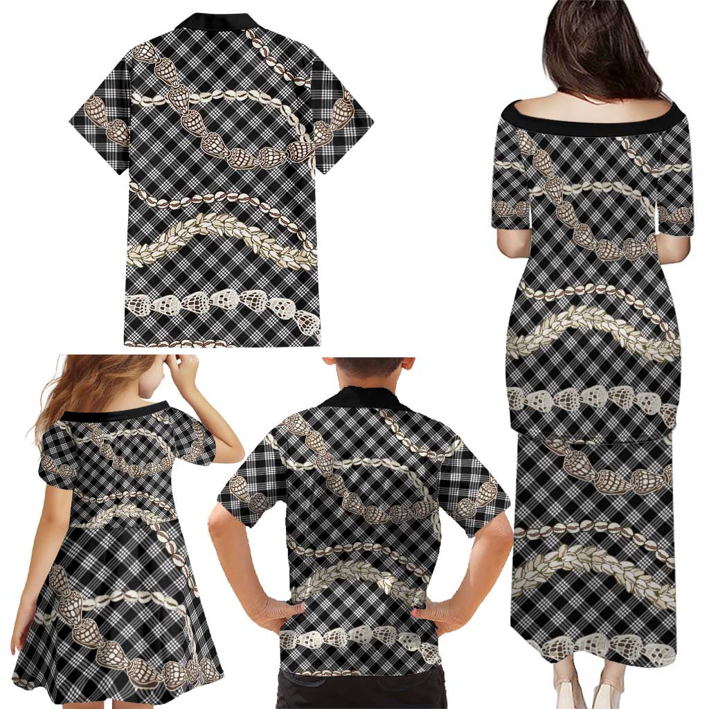 Black Aloha Hawaii Shell Lei Family Matching Puletasi and Hawaiian Shirt Palaka Hebrew Cone Honey Cowrie Elegant Curves LT14 - Polynesian Pride