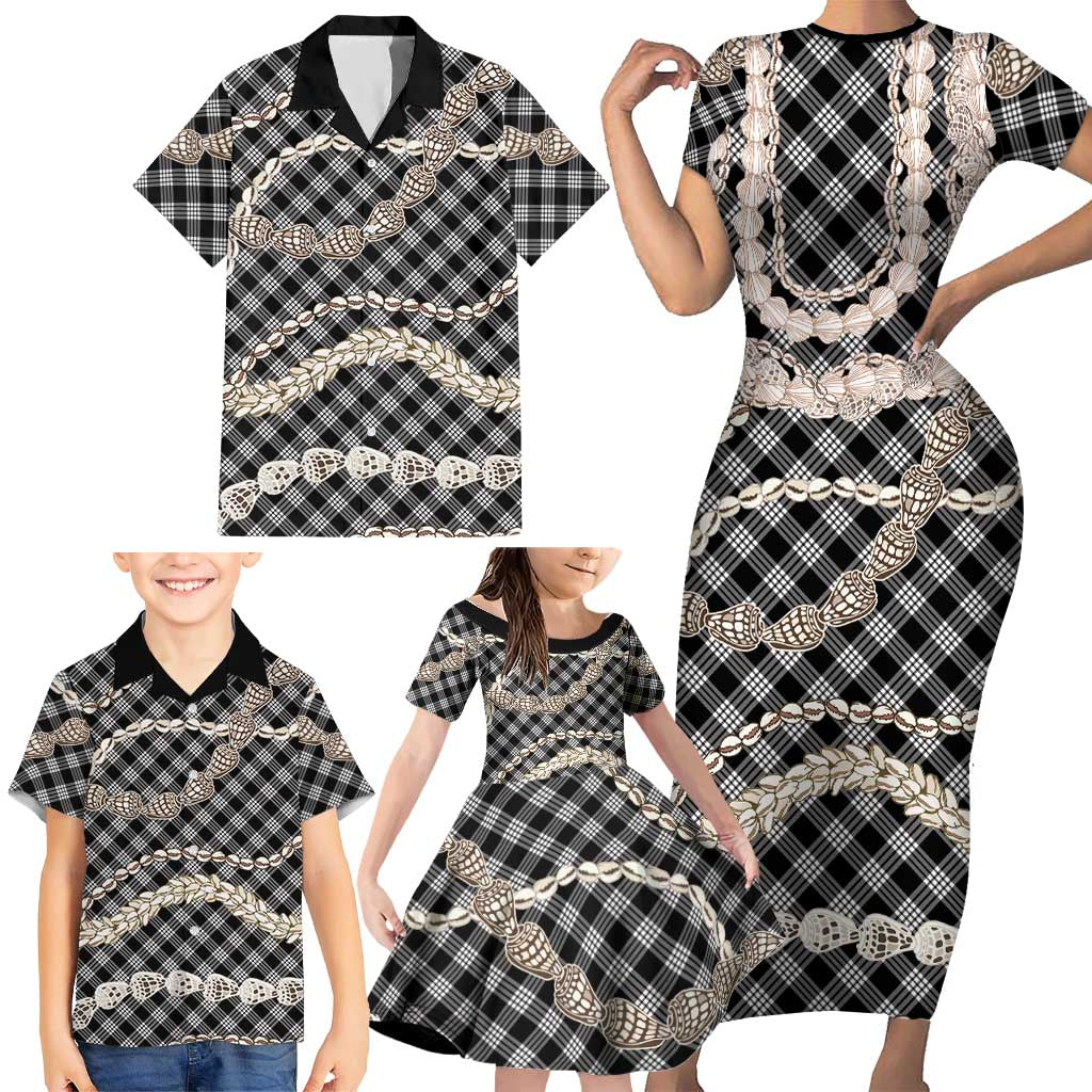 Black Aloha Hawaii Shell Lei Family Matching Short Sleeve Bodycon Dress and Hawaiian Shirt Palaka Hebrew Cone Honey Cowrie Elegant Curves LT14 - Polynesian Pride