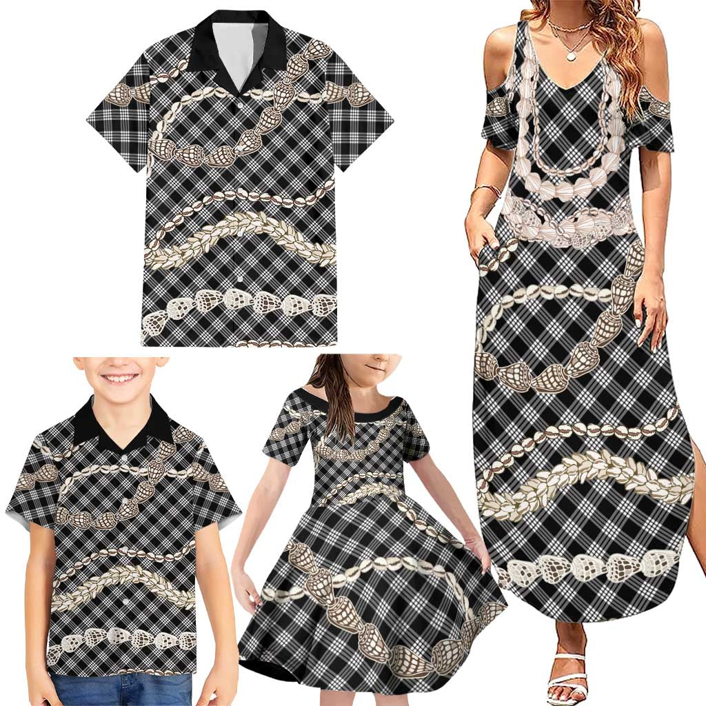 Black Aloha Hawaii Shell Lei Family Matching Summer Maxi Dress and Hawaiian Shirt Palaka Hebrew Cone Honey Cowrie Elegant Curves LT14 - Polynesian Pride
