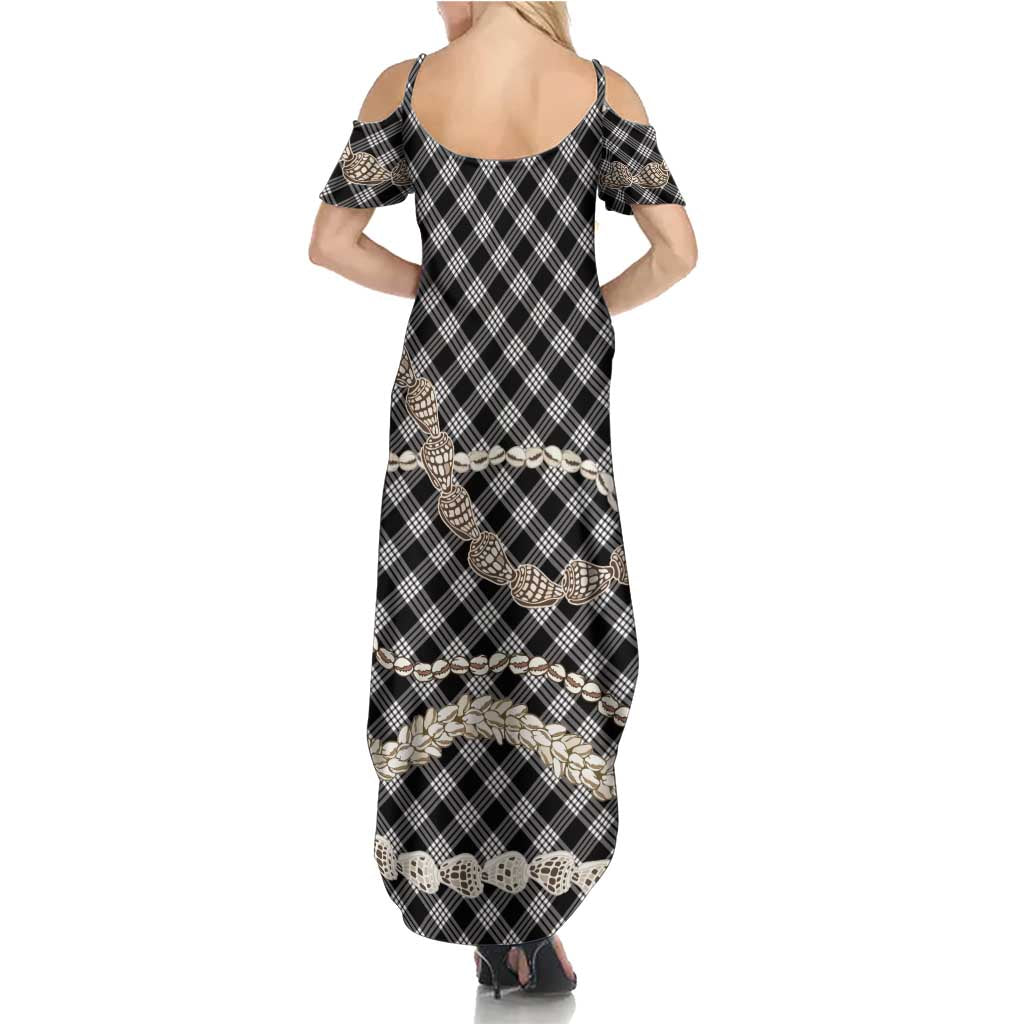 Black Aloha Hawaii Shell Lei Family Matching Summer Maxi Dress and Hawaiian Shirt Palaka Hebrew Cone Honey Cowrie Elegant Curves LT14 - Polynesian Pride