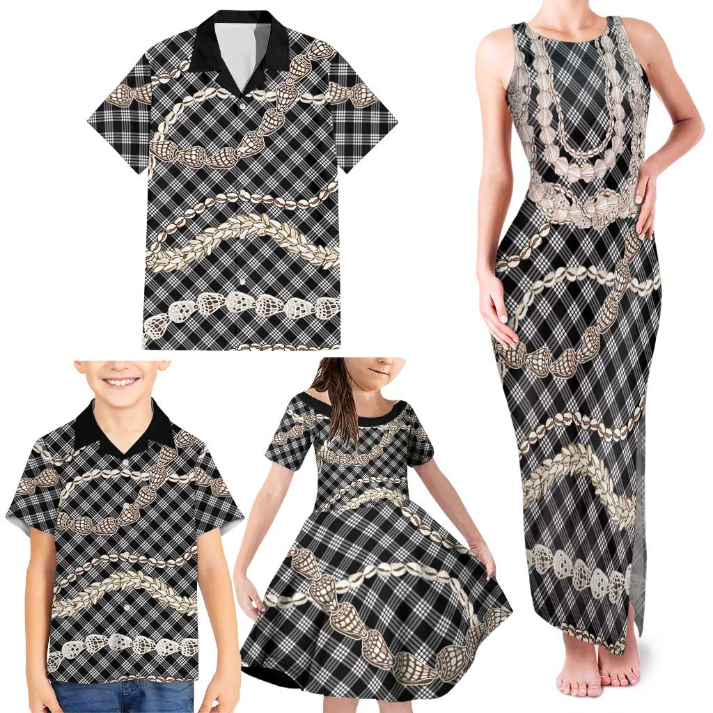 Black Aloha Hawaii Shell Lei Family Matching Tank Maxi Dress and Hawaiian Shirt Palaka Hebrew Cone Honey Cowrie Elegant Curves - Polynesian Pride