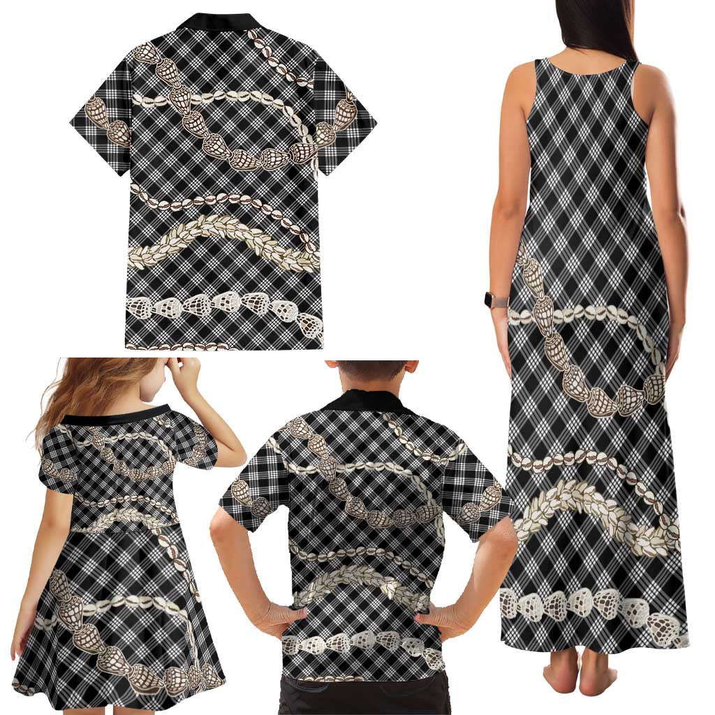 Black Aloha Hawaii Shell Lei Family Matching Tank Maxi Dress and Hawaiian Shirt Palaka Hebrew Cone Honey Cowrie Elegant Curves LT14 - Polynesian Pride