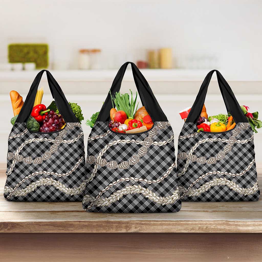 Black Aloha Hawaii Shell Lei Grocery Bag Palaka Hebrew Cone Honey Cowrie Elegant Curves - Polynesian Pride