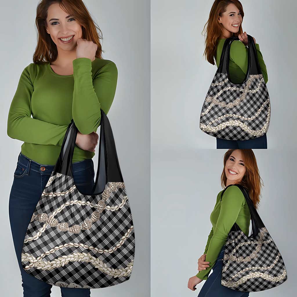 Black Aloha Hawaii Shell Lei Grocery Bag Palaka Hebrew Cone Honey Cowrie Elegant Curves - Polynesian Pride