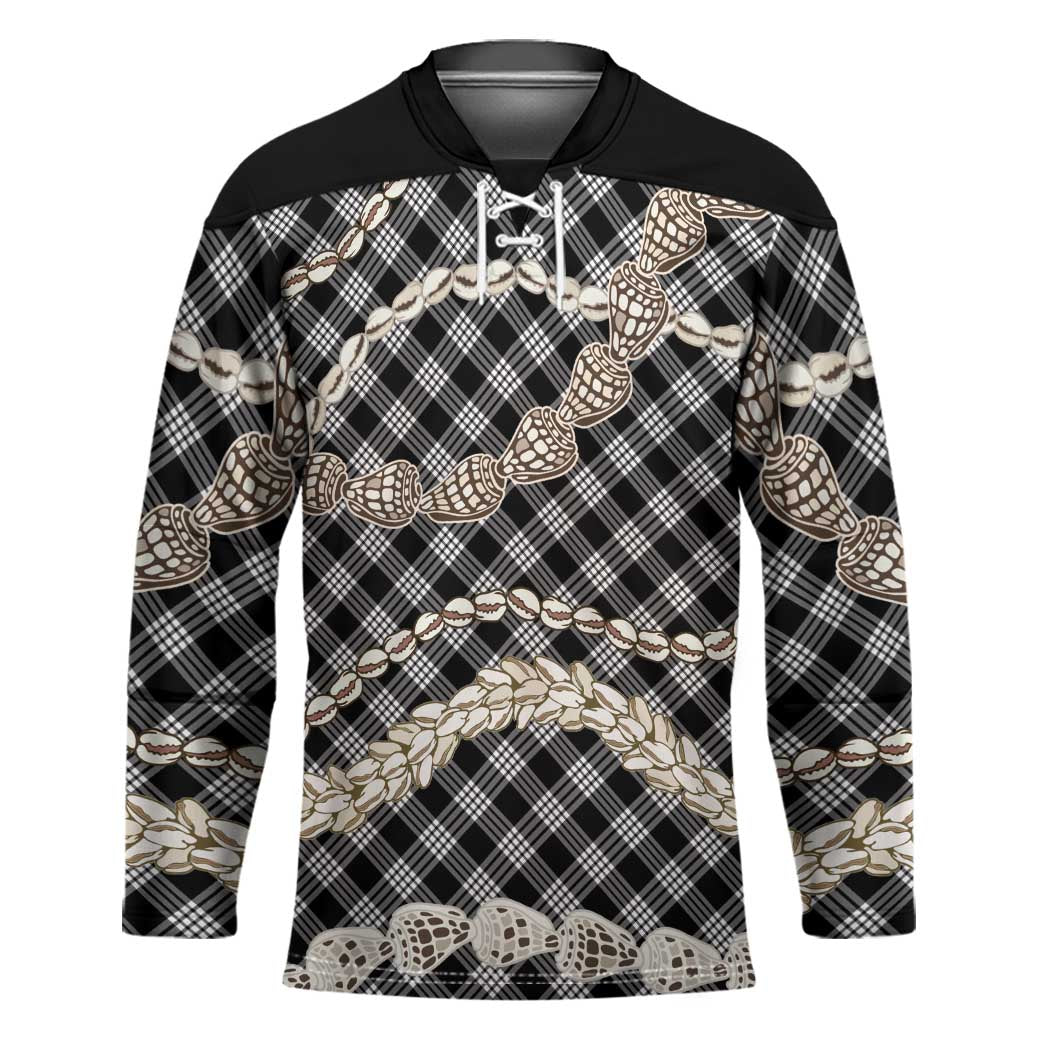 Black Aloha Hawaii Shell Lei Hockey Jersey Palaka Hebrew Cone Honey Cowrie Elegant Curves - Polynesian Pride