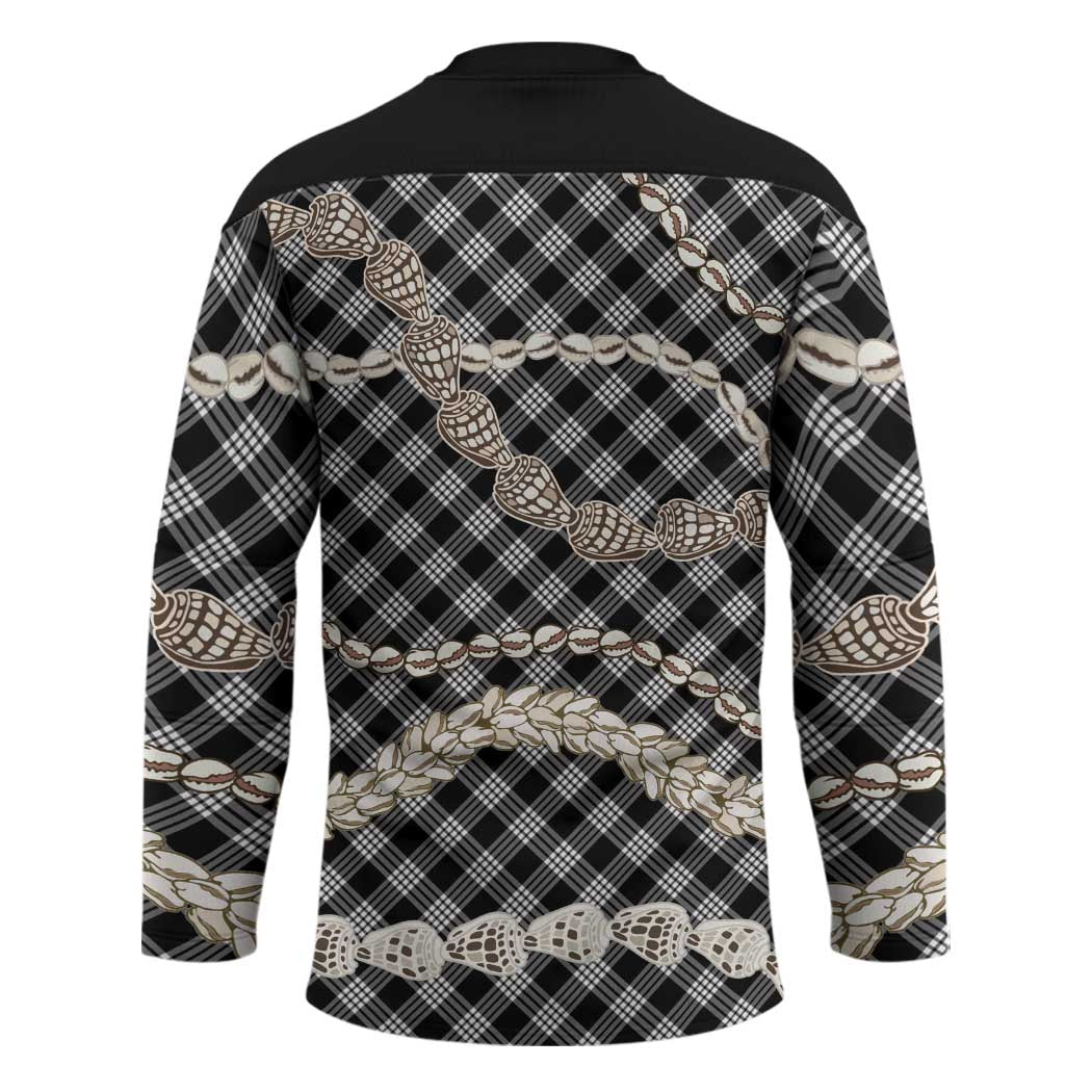 Black Aloha Hawaii Shell Lei Hockey Jersey Palaka Hebrew Cone Honey Cowrie Elegant Curves - Polynesian Pride