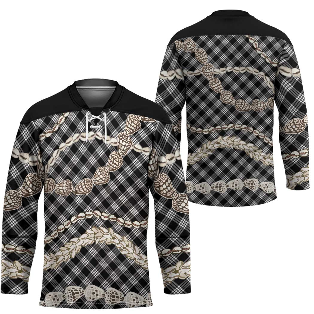 Black Aloha Hawaii Shell Lei Hockey Jersey Palaka Hebrew Cone Honey Cowrie Elegant Curves - Polynesian Pride