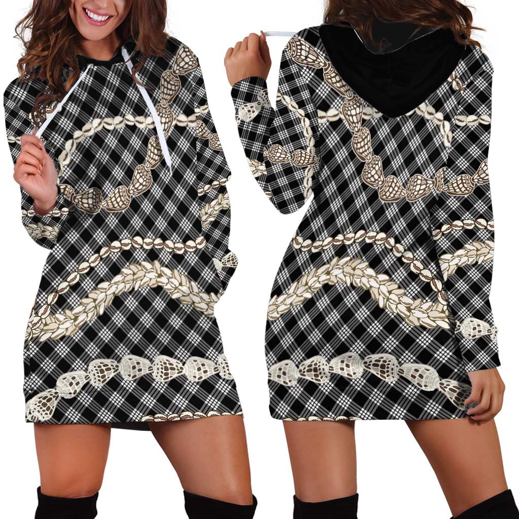 Black Aloha Hawaii Shell Lei Hoodie Dress Palaka Hebrew Cone Honey Cowrie Elegant Curves - Polynesian Pride