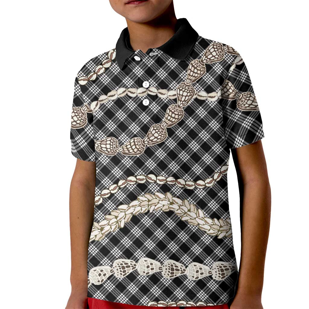 Black Aloha Hawaii Shell Lei Kid Polo Shirt Palaka Hebrew Cone Honey Cowrie Elegant Curves - Polynesian Pride