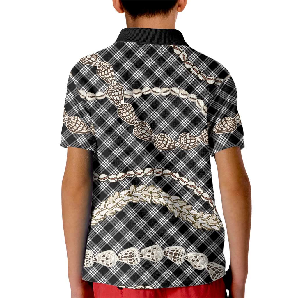 Black Aloha Hawaii Shell Lei Kid Polo Shirt Palaka Hebrew Cone Honey Cowrie Elegant Curves - Polynesian Pride