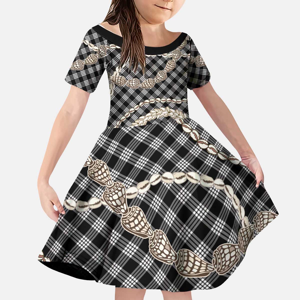 Black Aloha Hawaii Shell Lei Kid Short Sleeve Dress Palaka Hebrew Cone Honey Cowrie Elegant Curves - Polynesian Pride