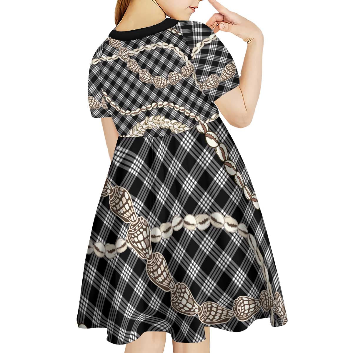 Black Aloha Hawaii Shell Lei Kid Short Sleeve Dress Palaka Hebrew Cone Honey Cowrie Elegant Curves - Polynesian Pride