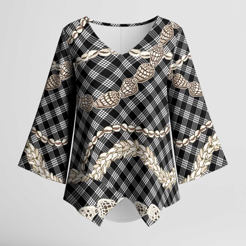 Black Aloha Hawaii Shell Lei Kimono Sleeve Blouse Palaka Hebrew Cone Honey Cowrie Elegant Curves LT14 Female Black - Polynesian Pride