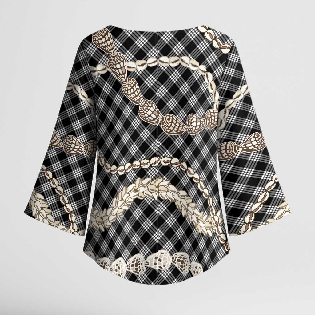 Black Aloha Hawaii Shell Lei Kimono Sleeve Blouse Palaka Hebrew Cone Honey Cowrie Elegant Curves LT14 - Polynesian Pride