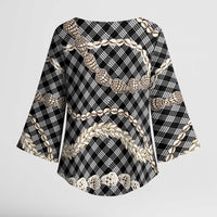 Black Aloha Hawaii Shell Lei Kimono Sleeve Blouse Palaka Hebrew Cone Honey Cowrie Elegant Curves LT14 - Polynesian Pride