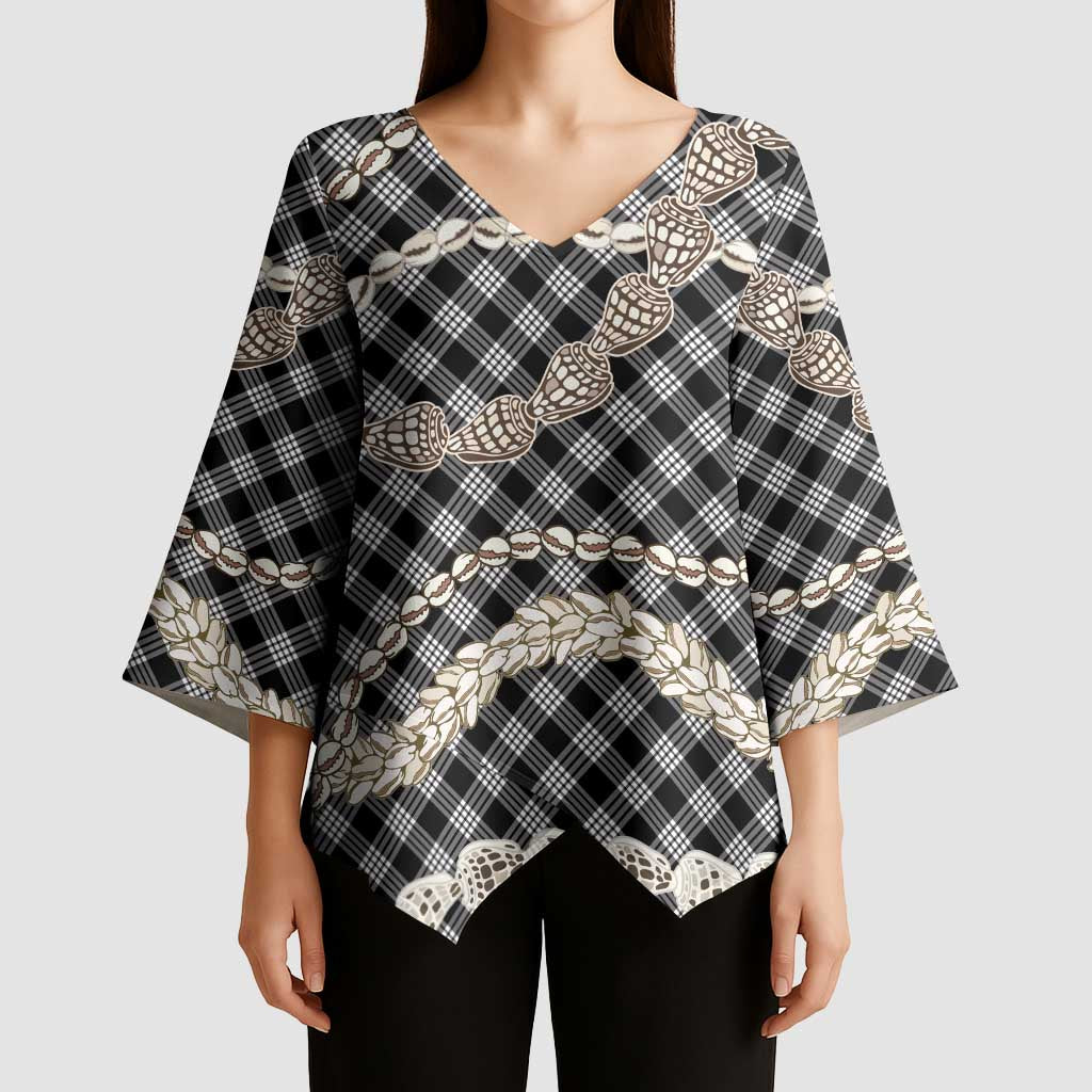 Black Aloha Hawaii Shell Lei Kimono Sleeve Blouse Palaka Hebrew Cone Honey Cowrie Elegant Curves LT14 - Polynesian Pride