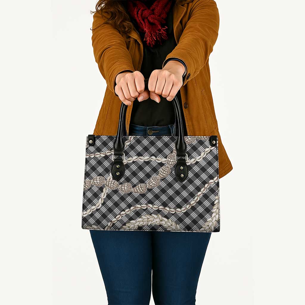 Black Aloha Hawaii Shell Lei Leather Bag Palaka Hebrew Cone Honey Cowrie Elegant Curves - Polynesian Pride