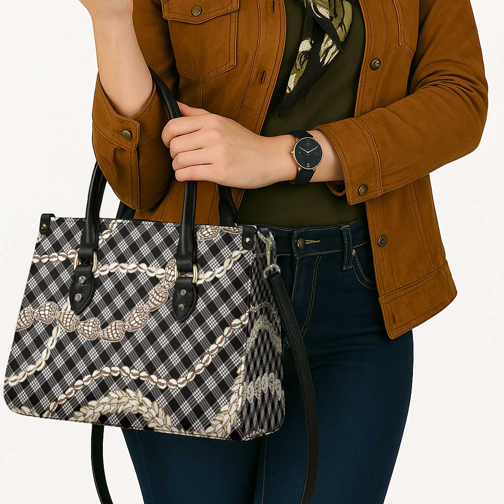 Black Aloha Hawaii Shell Lei Leather Bag Palaka Hebrew Cone Honey Cowrie Elegant Curves - Polynesian Pride