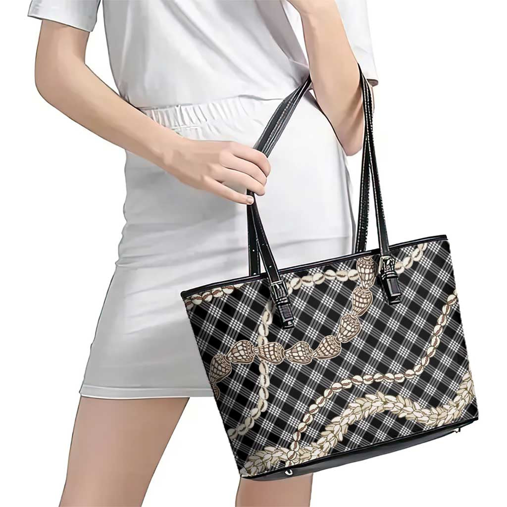 Black Aloha Hawaii Shell Lei Leather Tote Bag Palaka Hebrew Cone Honey Cowrie Elegant Curves - Polynesian Pride