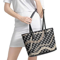 Black Aloha Hawaii Shell Lei Leather Tote Bag Palaka Hebrew Cone Honey Cowrie Elegant Curves - Polynesian Pride