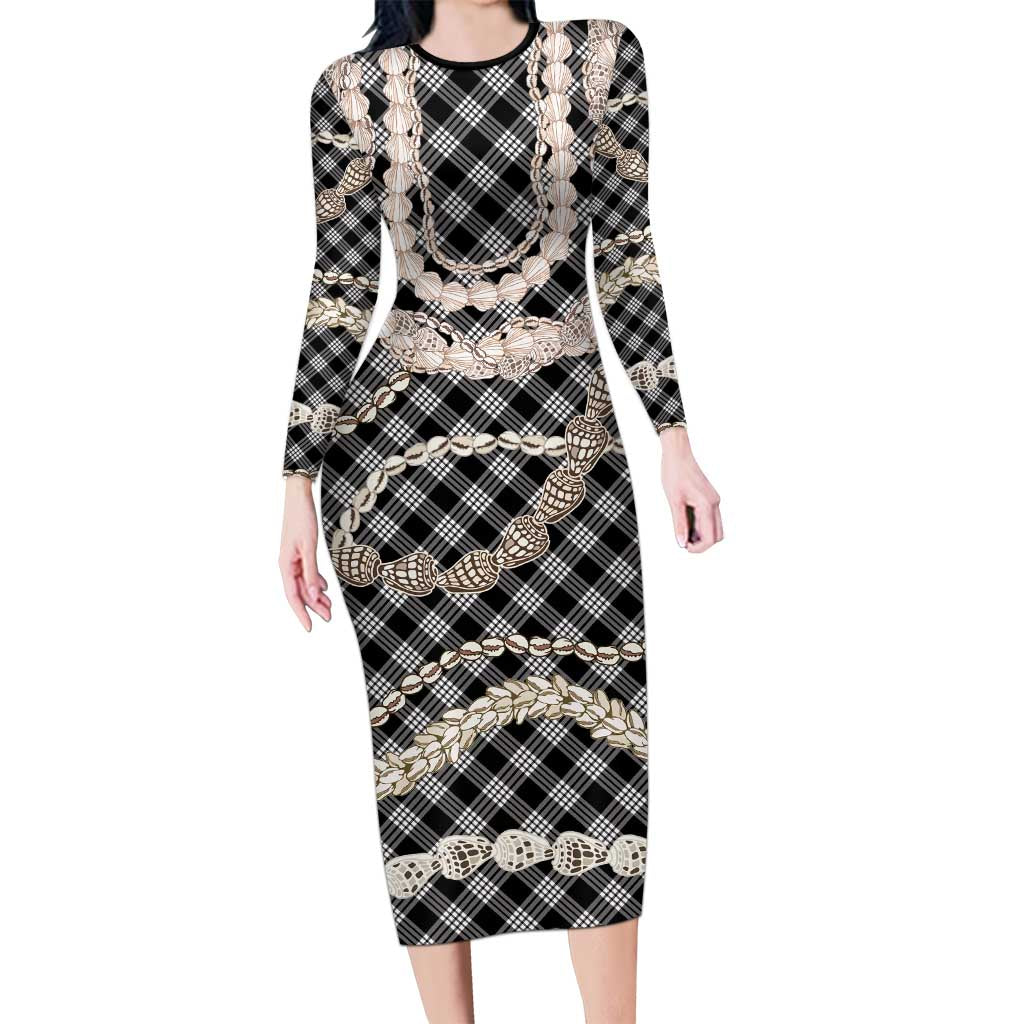Black Aloha Hawaii Shell Lei Long Sleeve Bodycon Dress Palaka Hebrew Cone Honey Cowrie Elegant Curves - Polynesian Pride