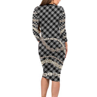 Black Aloha Hawaii Shell Lei Long Sleeve Bodycon Dress Palaka Hebrew Cone Honey Cowrie Elegant Curves - Polynesian Pride
