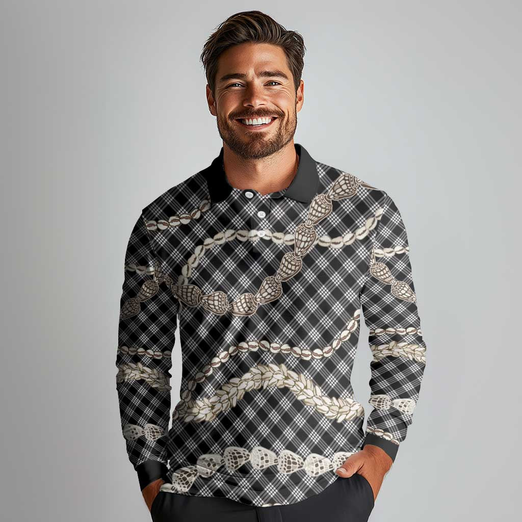 Black Aloha Hawaii Shell Lei Long Sleeve Polo Shirt Palaka Hebrew Cone Honey Cowrie Elegant Curves - Polynesian Pride