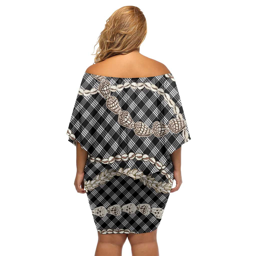Black Aloha Hawaii Shell Lei Off Shoulder Short Dress Palaka Hebrew Cone Honey Cowrie Elegant Curves - Polynesian Pride