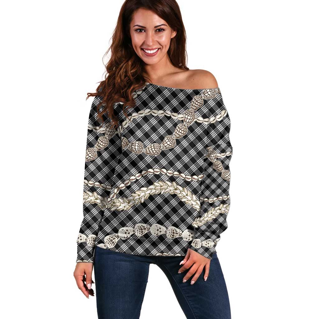 Black Aloha Hawaii Shell Lei Off Shoulder Sweater Palaka Hebrew Cone Honey Cowrie Elegant Curves - Polynesian Pride