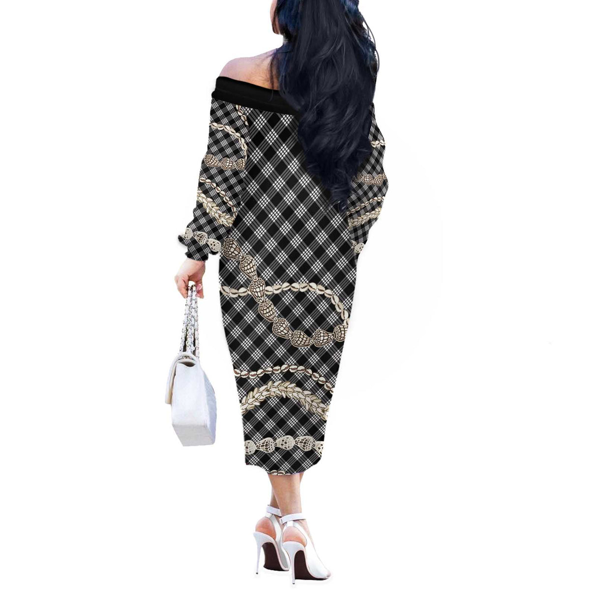 Black Aloha Hawaii Shell Lei Off The Shoulder Long Sleeve Dress Palaka Hebrew Cone Honey Cowrie Elegant Curves - Polynesian Pride
