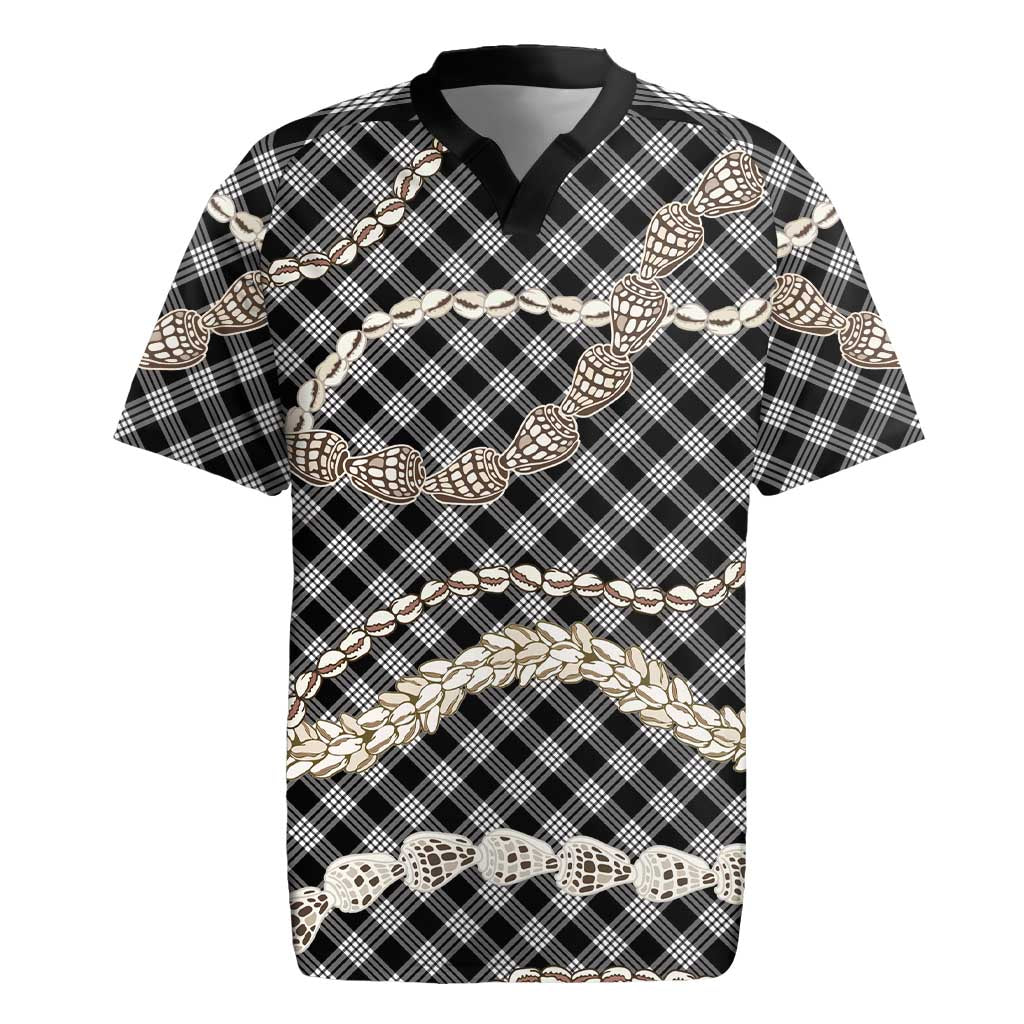 Black Aloha Hawaii Shell Lei Rugby Jersey Palaka Hebrew Cone Honey Cowrie Elegant Curves - Polynesian Pride