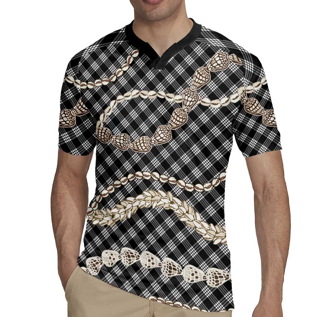 Black Aloha Hawaii Shell Lei Rugby Jersey Palaka Hebrew Cone Honey Cowrie Elegant Curves - Polynesian Pride