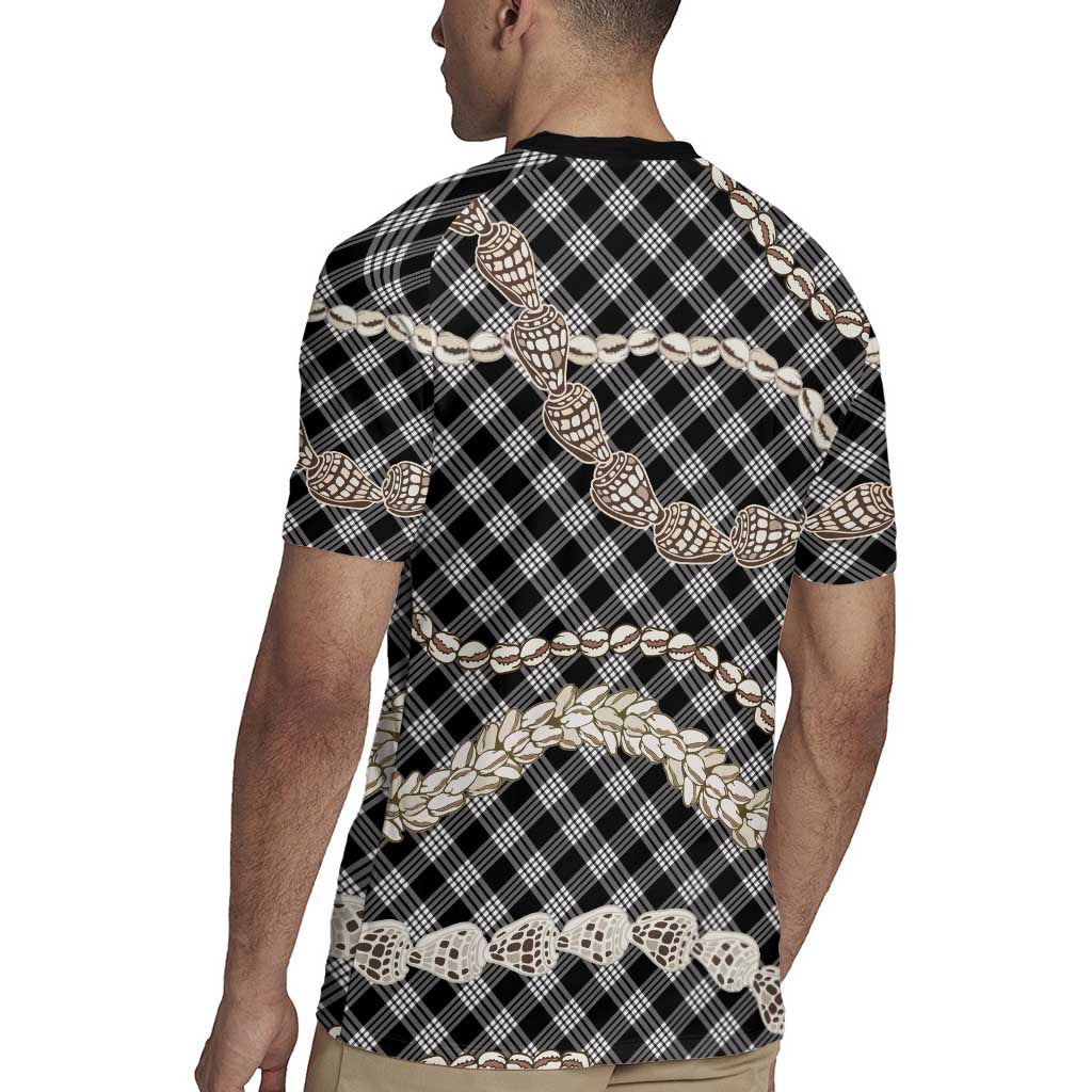 Black Aloha Hawaii Shell Lei Rugby Jersey Palaka Hebrew Cone Honey Cowrie Elegant Curves - Polynesian Pride