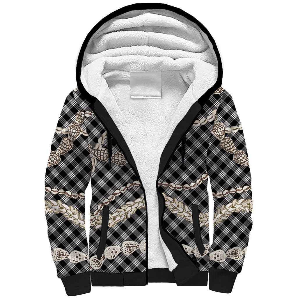 Black Aloha Hawaii Shell Lei Sherpa Hoodie Palaka Hebrew Cone Honey Cowrie Elegant Curves - Polynesian Pride