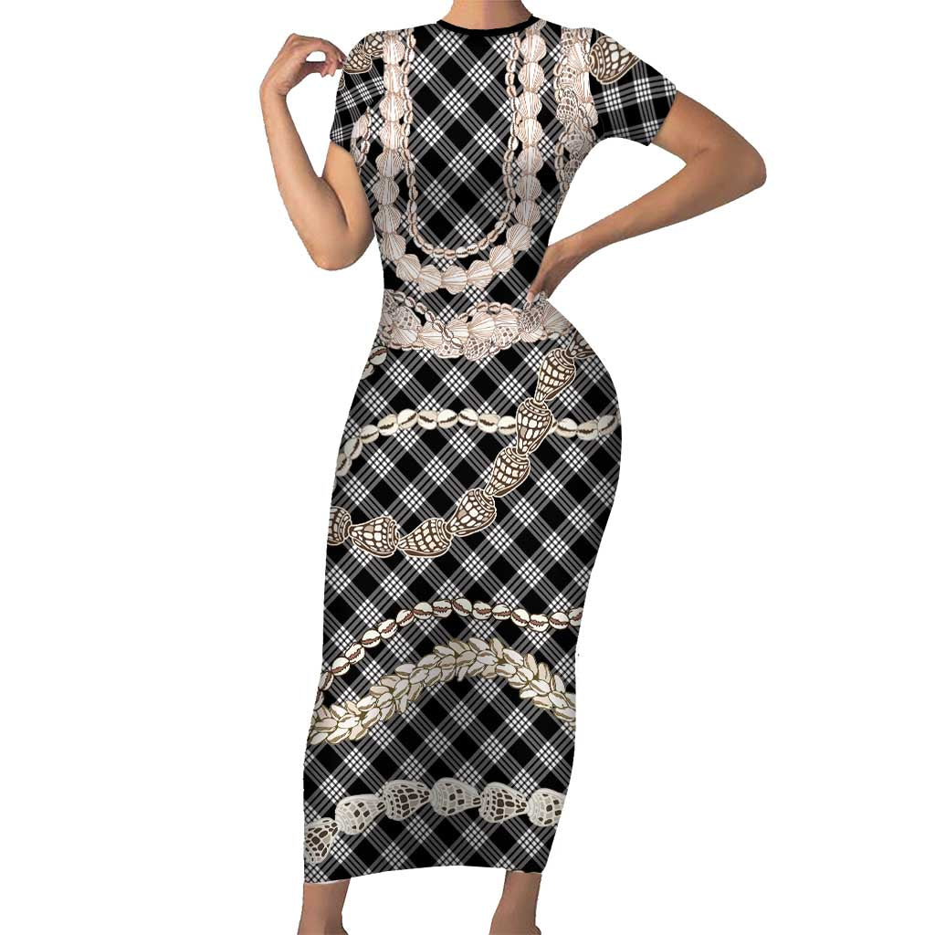 Black Aloha Hawaii Shell Lei Short Sleeve Bodycon Dress Palaka Hebrew Cone Honey Cowrie Elegant Curves - Polynesian Pride