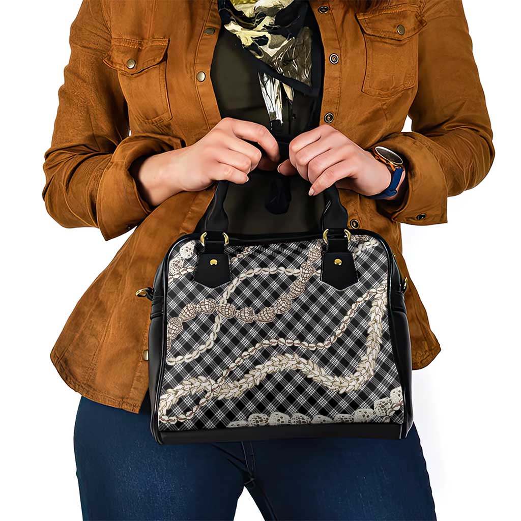 Black Aloha Hawaii Shell Lei Shoulder Handbag Palaka Hebrew Cone Honey Cowrie Elegant Curves - Polynesian Pride