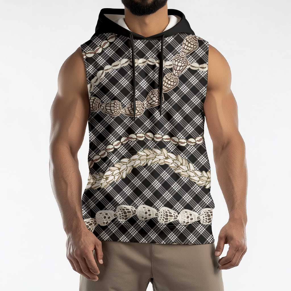 Black Aloha Hawaii Shell Lei Sleeveless Hoodie Palaka Hebrew Cone Honey Cowrie Elegant Curves - Polynesian Pride
