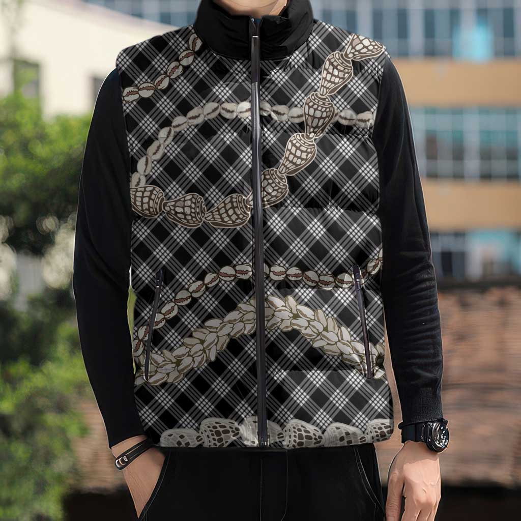 Black Aloha Hawaii Shell Lei Sleeveless Puffer Jacket Palaka Hebrew Cone Honey Cowrie Elegant Curves - Polynesian Pride