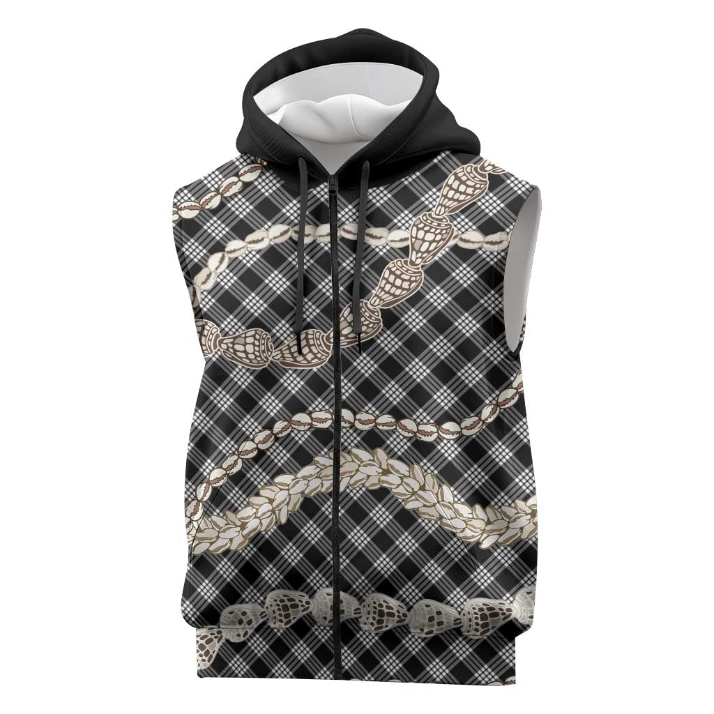 Black Aloha Hawaii Shell Lei Sleeveless Zip Hoodie Palaka Hebrew Cone Honey Cowrie Elegant Curves - Polynesian Pride