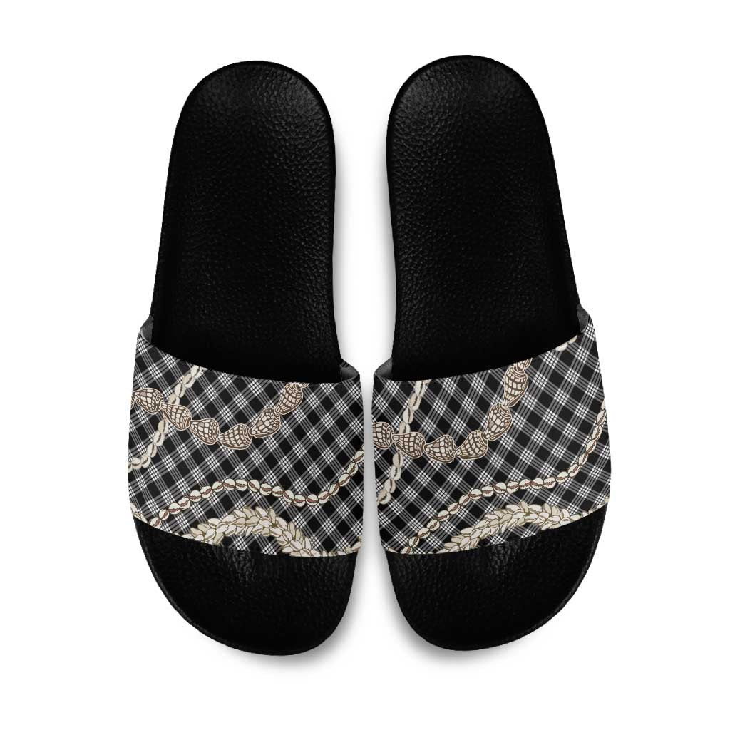 Black Aloha Hawaii Shell Lei Slide Sandals Palaka Hebrew Cone Honey Cowrie Elegant Curves - Polynesian Pride
