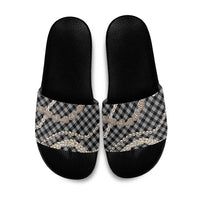 Black Aloha Hawaii Shell Lei Slide Sandals Palaka Hebrew Cone Honey Cowrie Elegant Curves - Polynesian Pride