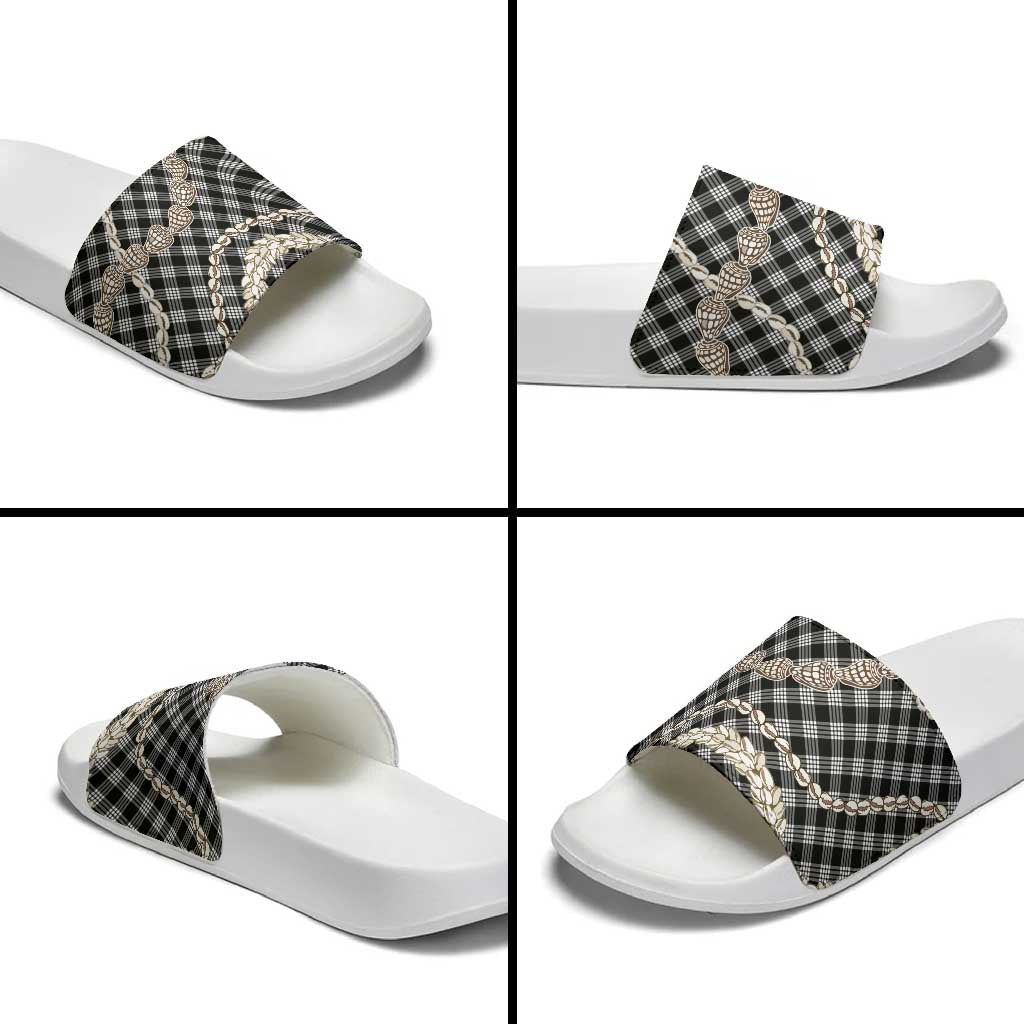Black Aloha Hawaii Shell Lei Slide Sandals Palaka Hebrew Cone Honey Cowrie Elegant Curves - Polynesian Pride