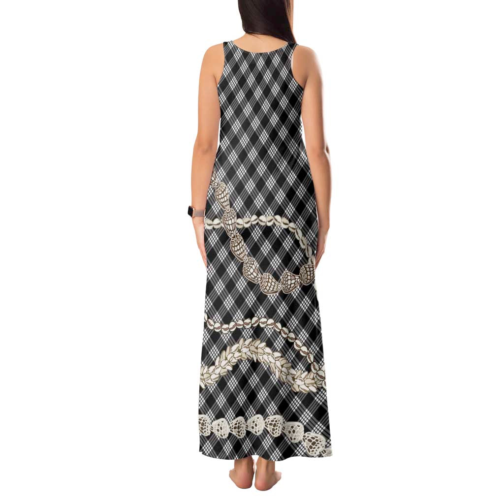 Black Aloha Hawaii Shell Lei Tank Maxi Dress Palaka Hebrew Cone Honey Cowrie Elegant Curves - Polynesian Pride
