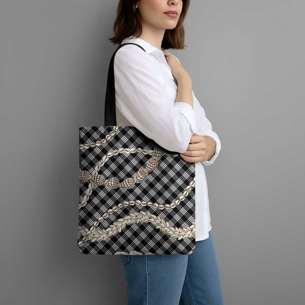 Black Aloha Hawaii Shell Lei Tote Bag Palaka Hebrew Cone Honey Cowrie Elegant Curves - Polynesian Pride