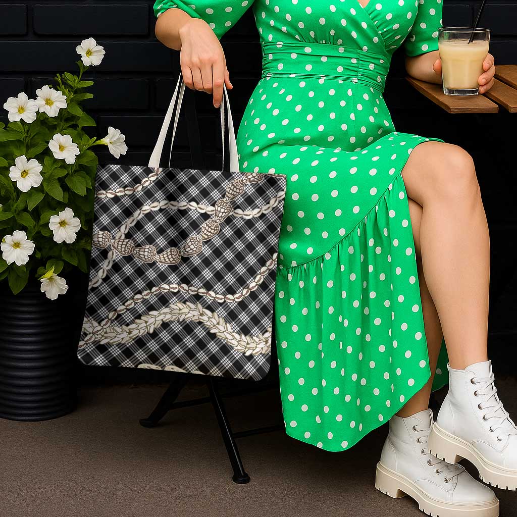 Black Aloha Hawaii Shell Lei Tote Bag Palaka Hebrew Cone Honey Cowrie Elegant Curves - Polynesian Pride