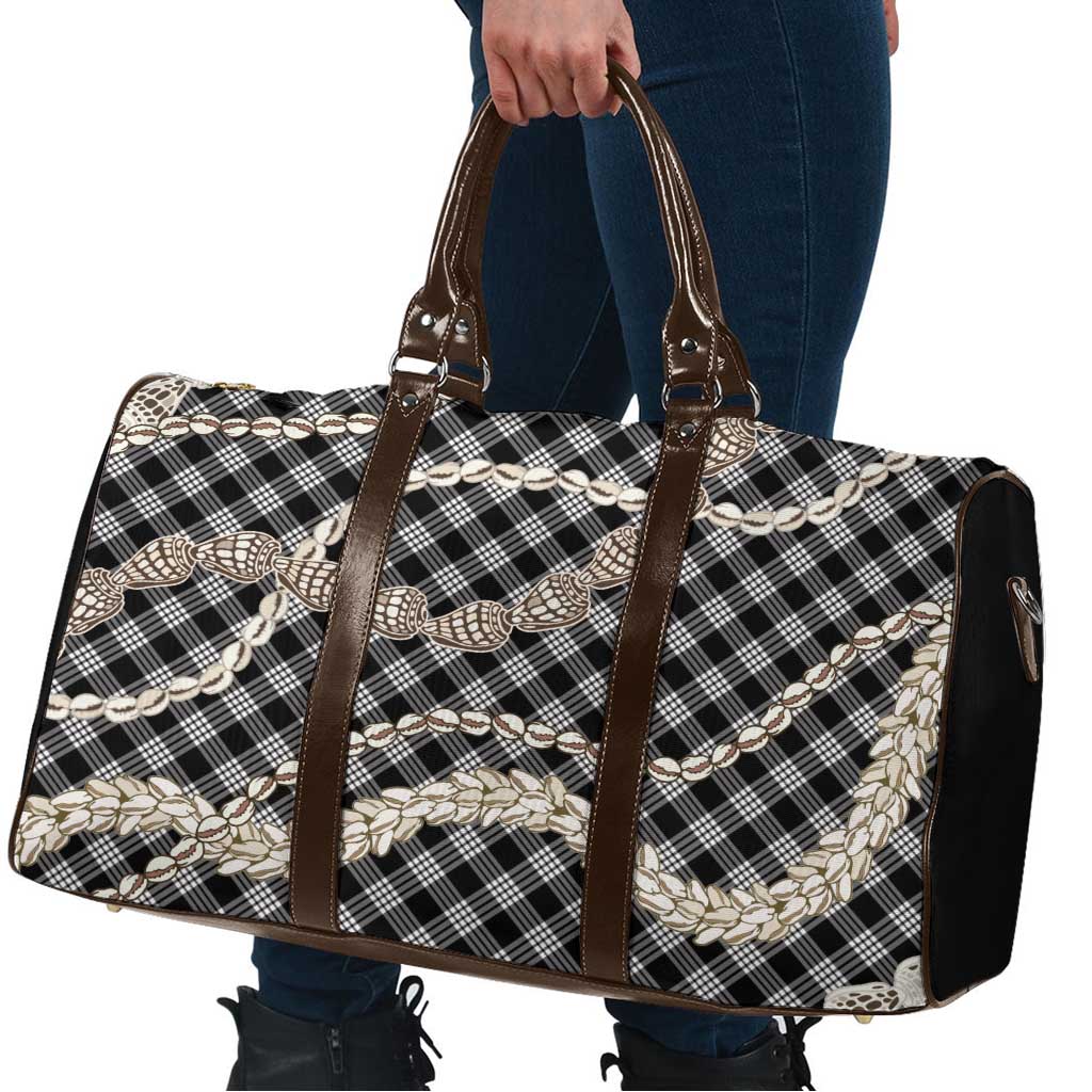 Black Aloha Hawaii Shell Lei Travel Bag Palaka Hebrew Cone Honey Cowrie Elegant Curves - Polynesian Pride